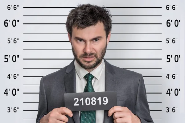 Mugshot Van Een Man Pak Het Politiebureau Gevangene Identificatie Concept — Stockfoto