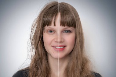 Kadının yüzü makyaj öncesi ve sonrası - rötuş konsepti