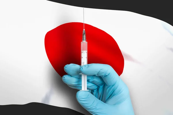 日本的疫苗接种 在国旗背景下提供保护以免感染Covid 19的疫苗 — 图库照片