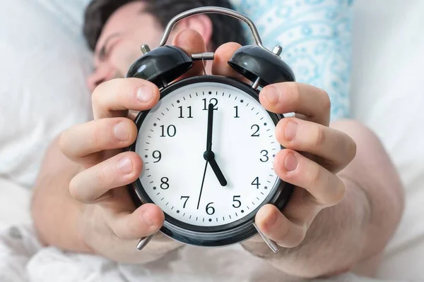 Tired Man Alarm Clock Does Want Waking Early — Stock Photo, Image