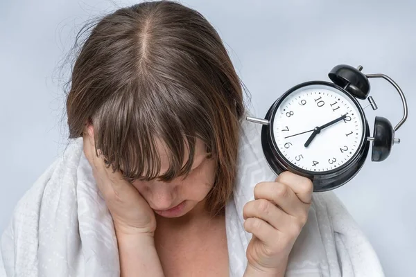 Tired Woman Alarm Clock Does Want Waking Early — Stock Photo, Image