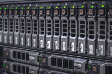 Sunucu odasında birçok HDD diski olan depolama sunucusu - veri merkezi konsepti