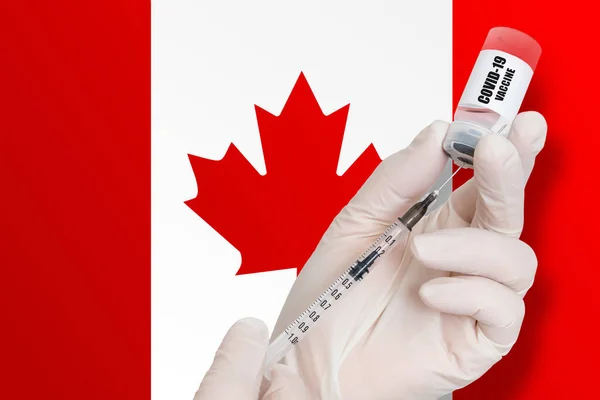 加拿大的疫苗接种 在国旗背景下提供保护以免感染Covid 19的疫苗 — 图库照片