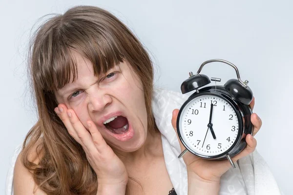 Tired Woman Alarm Clock Does Want Waking Early — Stock Photo, Image