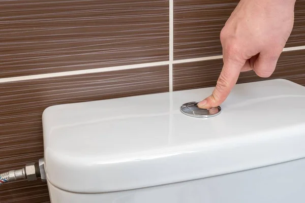 Hand Woman Flush Toilet Using Hygiene Concept — Stock Photo, Image