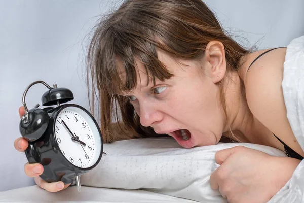 Tired Woman Alarm Clock Does Want Waking Early — Stock Photo, Image