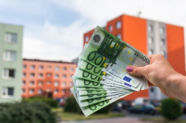 Property buyer holding euro banknotes and buying beautiful flat