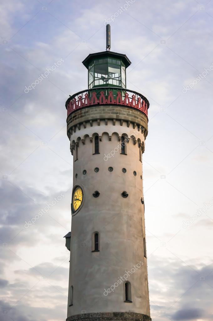 Mysterious lighthouse at evening in harbor of Lindau in lake Constance