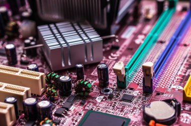 Computer motherboard, macro and blurred view