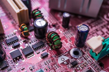 Computer motherboard, macro and blurred view