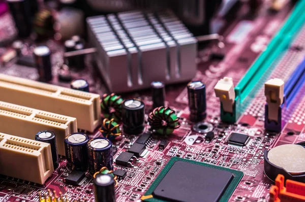 Computer motherboard, macro and blurred view — Stock Photo, Image