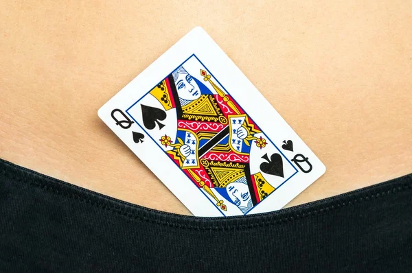 Female sexy body with spades queen card in panties — Zdjęcie stockowe