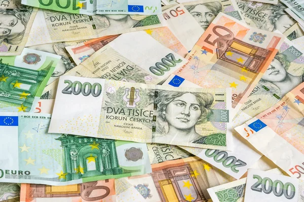 Czech and Euro banknotes background — Stock Fotó