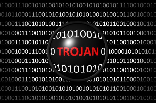 Binary code with Trojan virus and magnifying lens