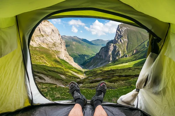 Blick aus dem Inneren eines Zeltes auf das schöne Grastal und den Berg — Stockfoto