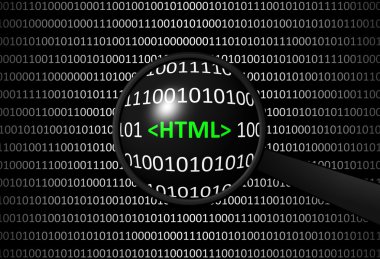 İkili kod Html ve Büyüteç lens ile