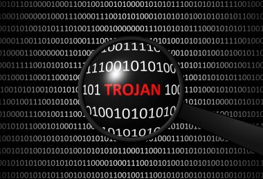 Binary code with TROJAN VIRUS and magnifying lens clipart