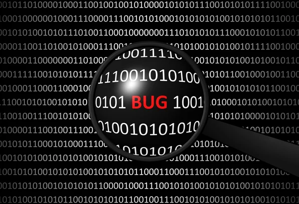 Двоичный код с BUG и увеличительной линзой — стоковое фото