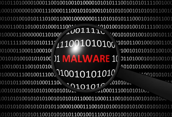Binärcode mit Malware und Lupe — Stockfoto