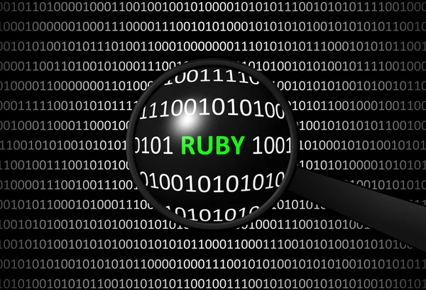 Binary code with RUBY and magnifying lens — Stock Photo, Image