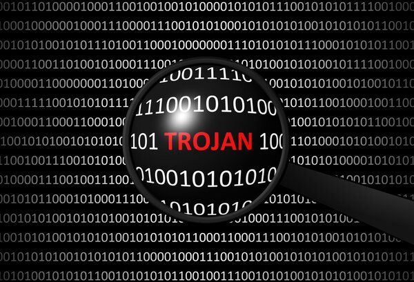 Binary code with TROJAN VIRUS and magnifying lens