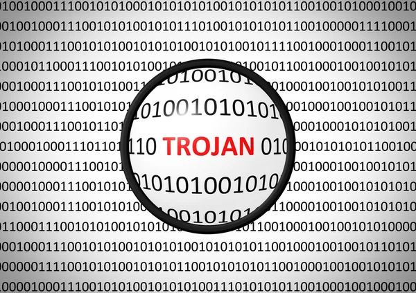 Binärcode mit Trojanischem Virus und Lupe — Stockfoto