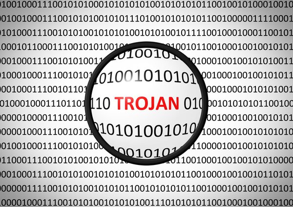 Binary code with TROJAN VIRUS and magnifying lens