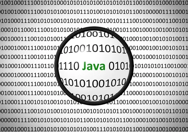 バイナリ コードを Java と拡大レンズ — ストック写真