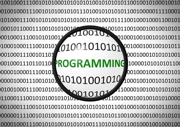 バイナリ コードをプログラミングと拡大レンズ — ストック写真