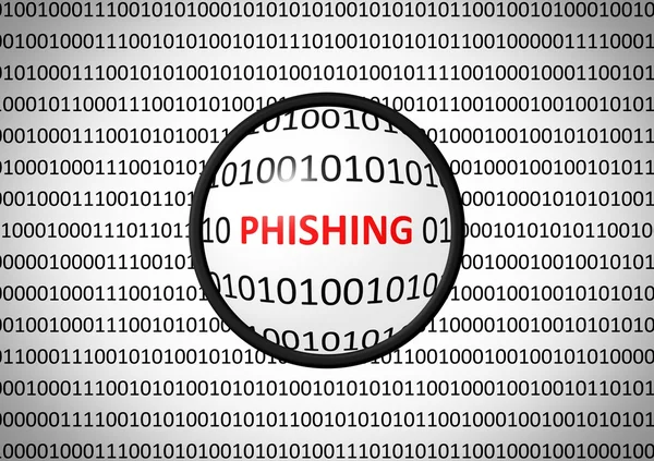 Codice binario con PHISHING e lente d'ingrandimento — Foto Stock