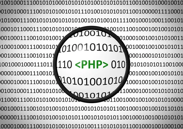 Binaire code met Php en vergrootglas — Stockfoto