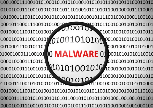 Codice binario con MALWARE e lente d'ingrandimento — Foto Stock