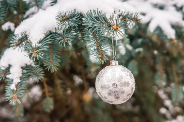 Noel oyuncak kar altında bir Noel ağacı üzerinde