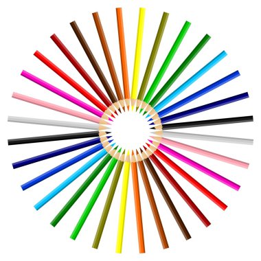 Herkesdaire oluşturacak şekilde dizilmiş kalemler gökkuşağı renkli