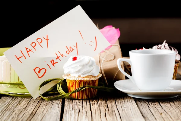 Birthday present with sweets and coffee — Stok fotoğraf