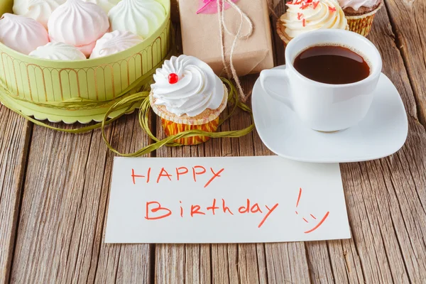 Birthday present with sweets and coffee — Stok fotoğraf