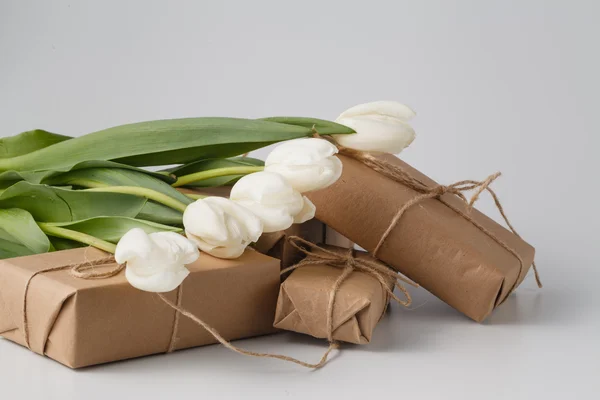 Tulipas frescas e caixa de presente sobre fundo branco — Fotografia de Stock