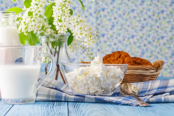 Biscotti d'avena e latte sul tavolo di legno blu — Foto Stock