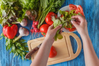 Eller marul yaprakları salata, bir kase içine kapat-u ekleme