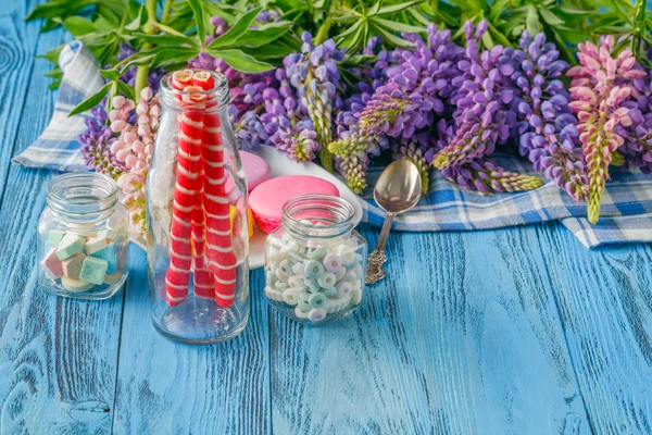 Grens van verse lupine bloemen op blauwe houten planken. — Stockfoto