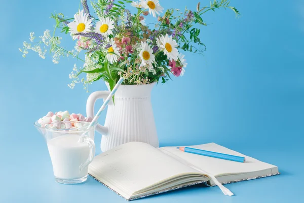 Пустой блокнот с ручкой и цветочным горшком на синем фоне — стоковое фото