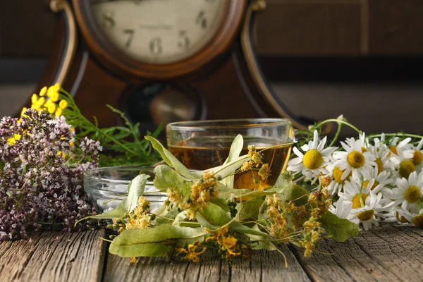 Healing herbs and bowl of pills on wooden table — Stock Photo, Image