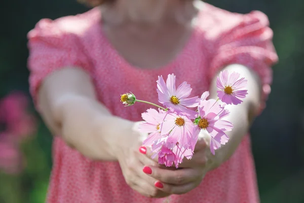 Las flores en la mano de la mujer para todos — Foto de Stock