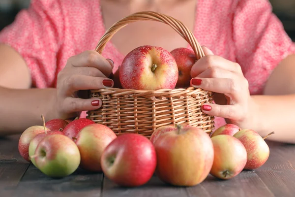 사과 수확 하는 빨간색 셔츠에 인식할 수 없는 젊은 여자 — 스톡 사진