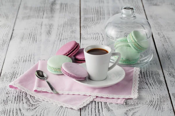 Breakfast with French colorful macarons — Stock Photo, Image