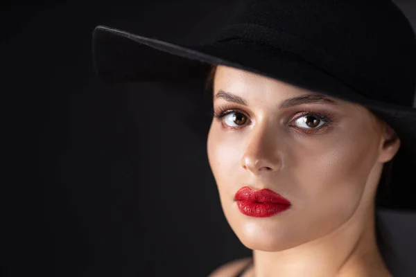 Woman Beauty Hat Elegant Fashion Model Retro Style Portrait Black — 스톡 사진