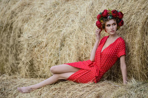 赤いドレスの美しい若いモデルの肖像画は 晴れた秋の日に干し草の上にポーズを楽しんでいます 秋の暖かい写真 — ストック写真