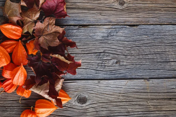 Folhas de queda na mesa de madeira rústica — Fotografia de Stock