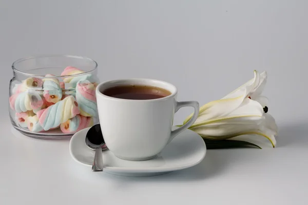 Taza de té de la mañana con malvavisco de color — Foto de Stock