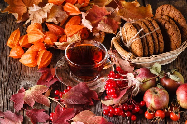 Herbsternte auf rustikalem Holztisch mit Haferkeksen — Stockfoto